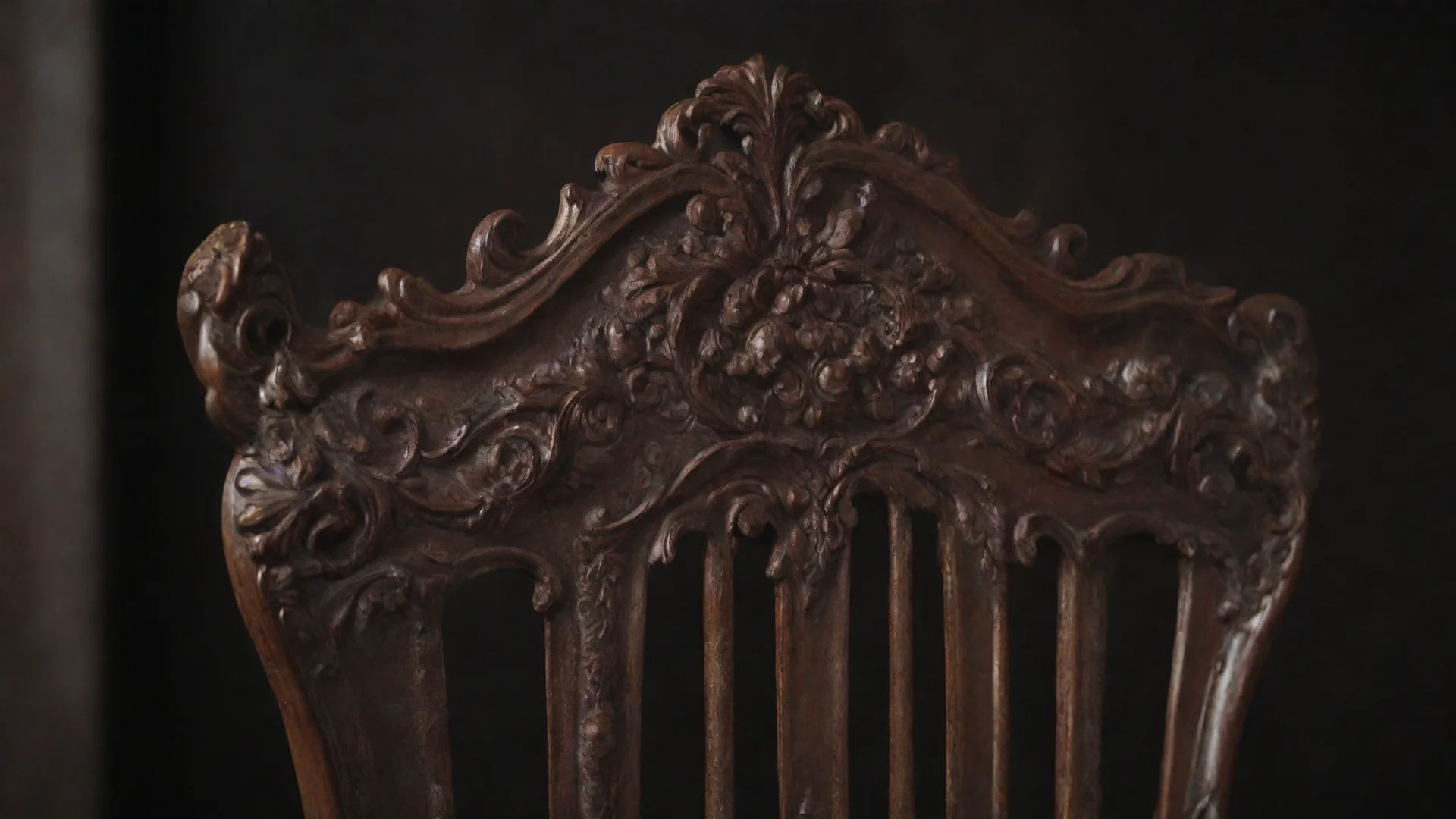 detail view of an ornate chair back dark brown at the edge blurred with high craftsmanship and dark background hdwidescreen