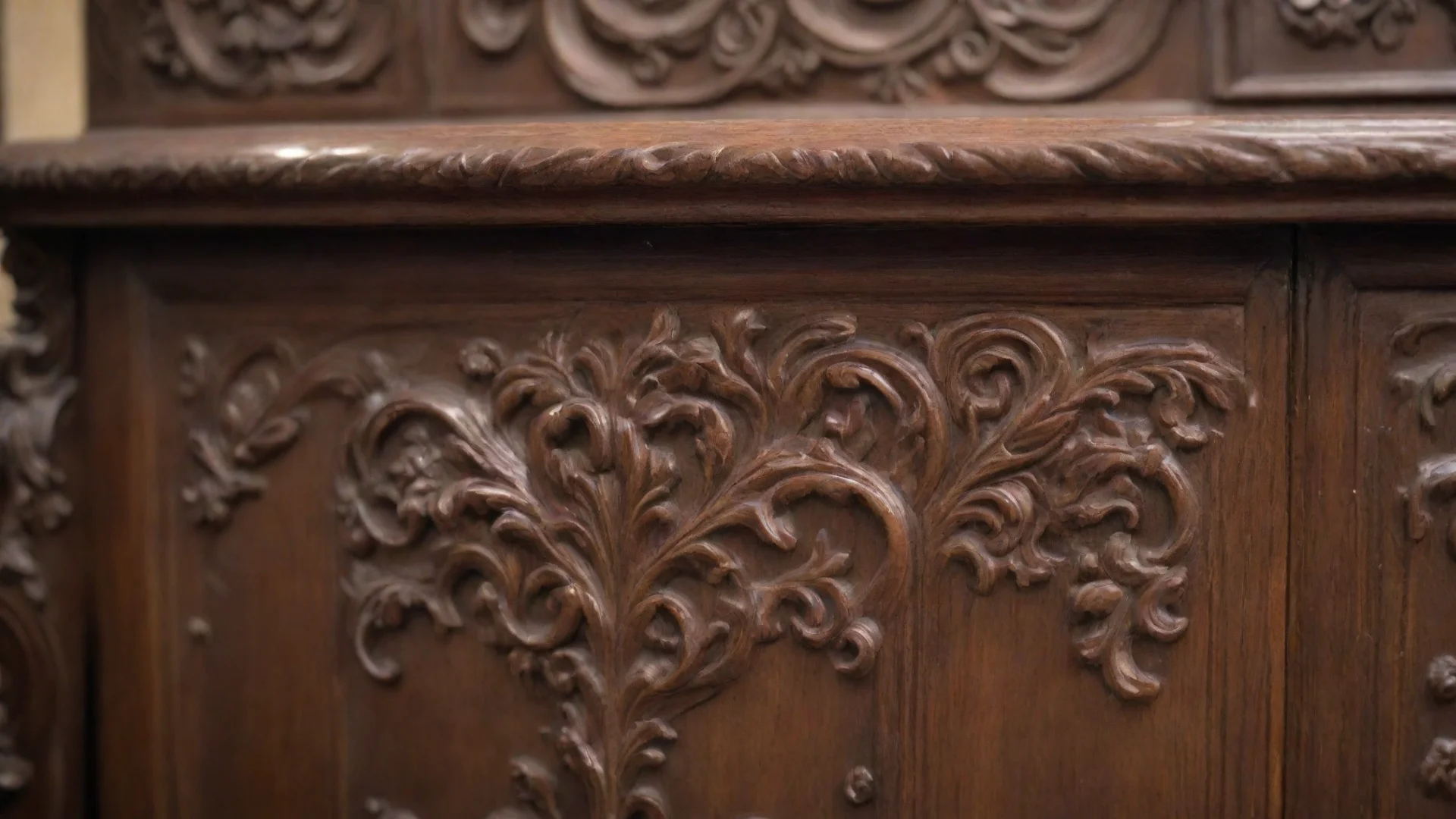 detail view of an ornate wooden cabinet dark brown at the edge blurred with high craftsmanship hdwidescreen