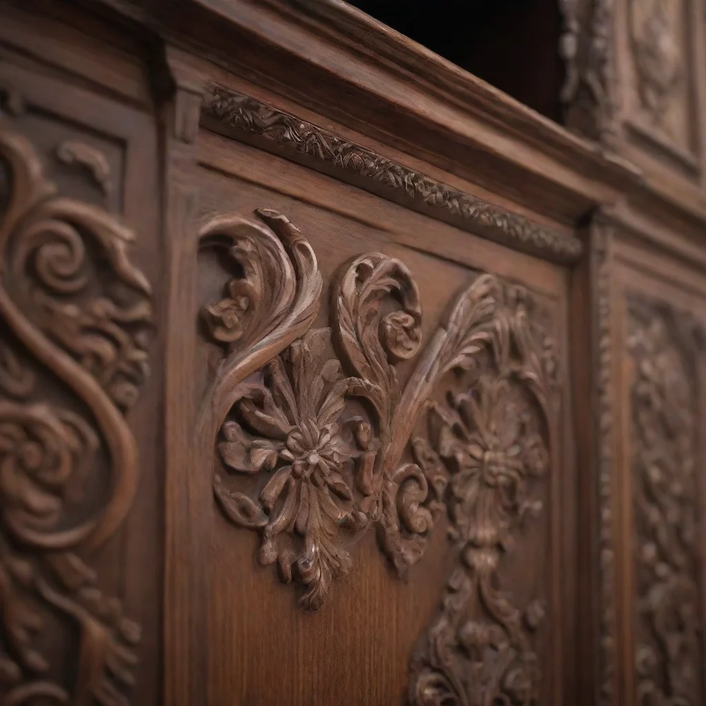 aidetail view of an ornate wooden cabinet dark brown at the edge blurred with high craftsmanship