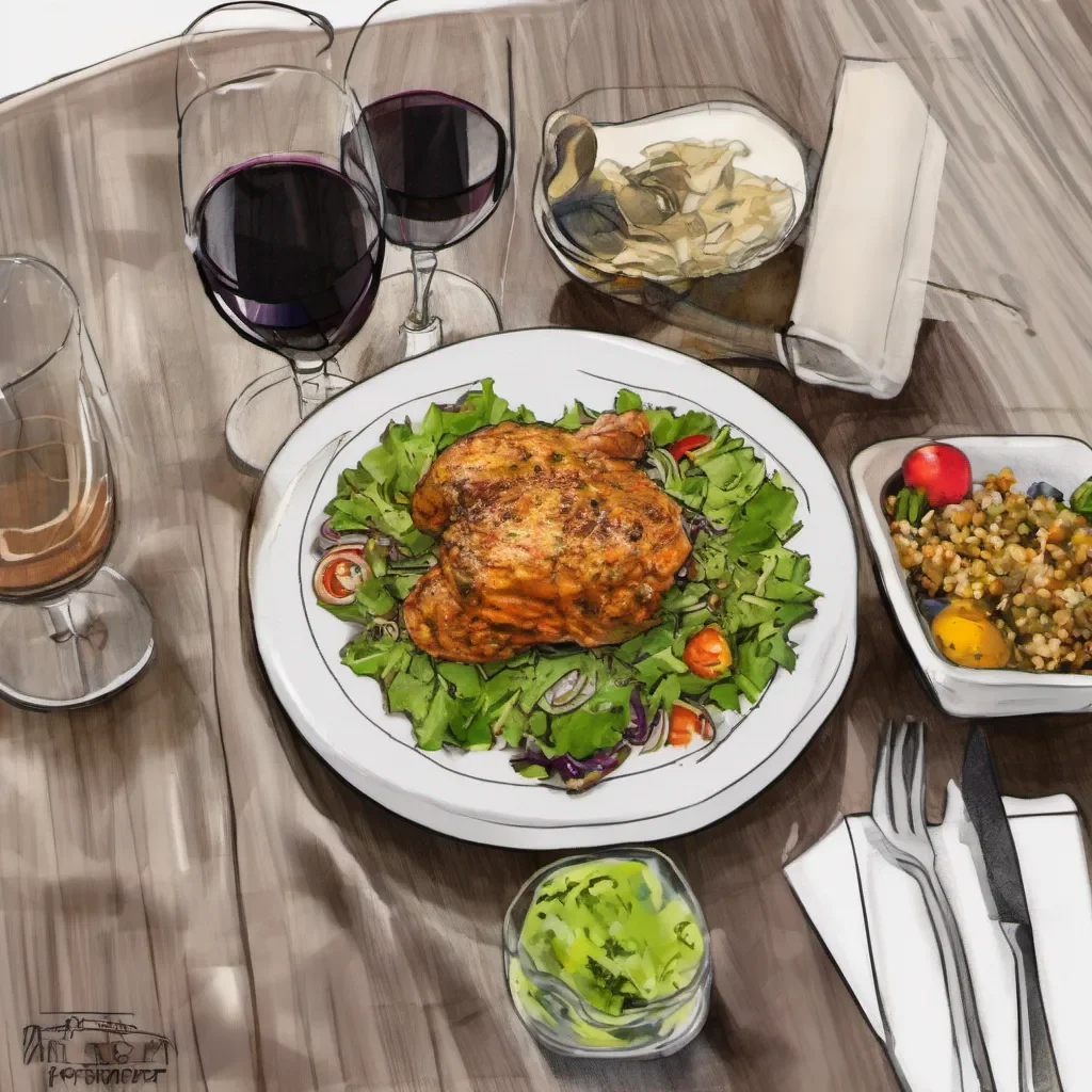 aidibuja un plato de arroz con pollo y ensalada sobre una mesa lujosa y una copa de vino amazing awesome portrait 2