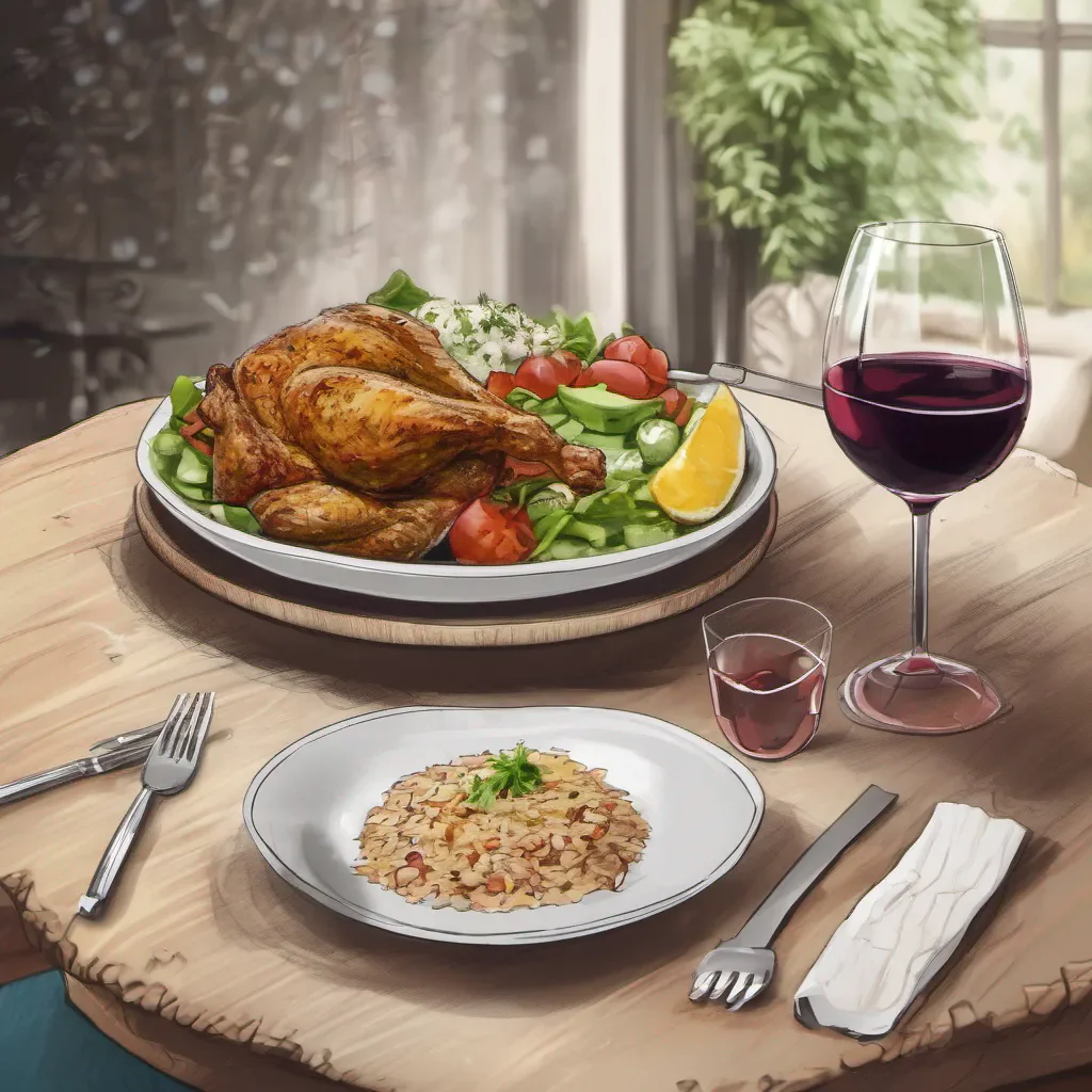 aidibuja un plato de arroz con pollo y ensalada sobre una mesa lujosa y una copa de vino good looking trending fantastic 1