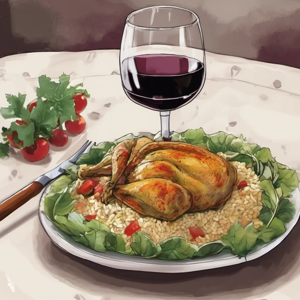 aidibuja un plato de arroz con pollo y ensalada sobre una mesa lujosa y una copa de vino