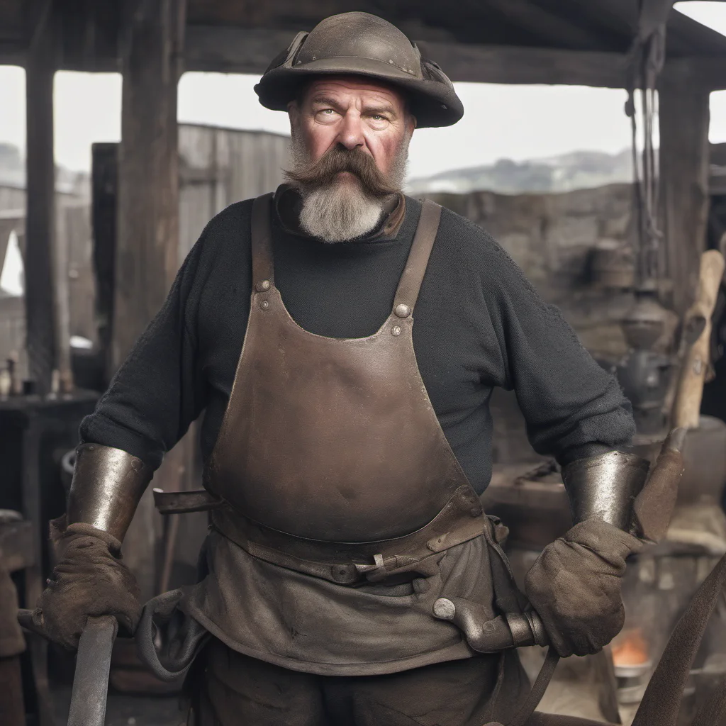 dick strawbridge as a blacksmith. full mustache. full set of heavy armor. scarred. grim expression. realistic photo. confident engaging wow artstation art 3