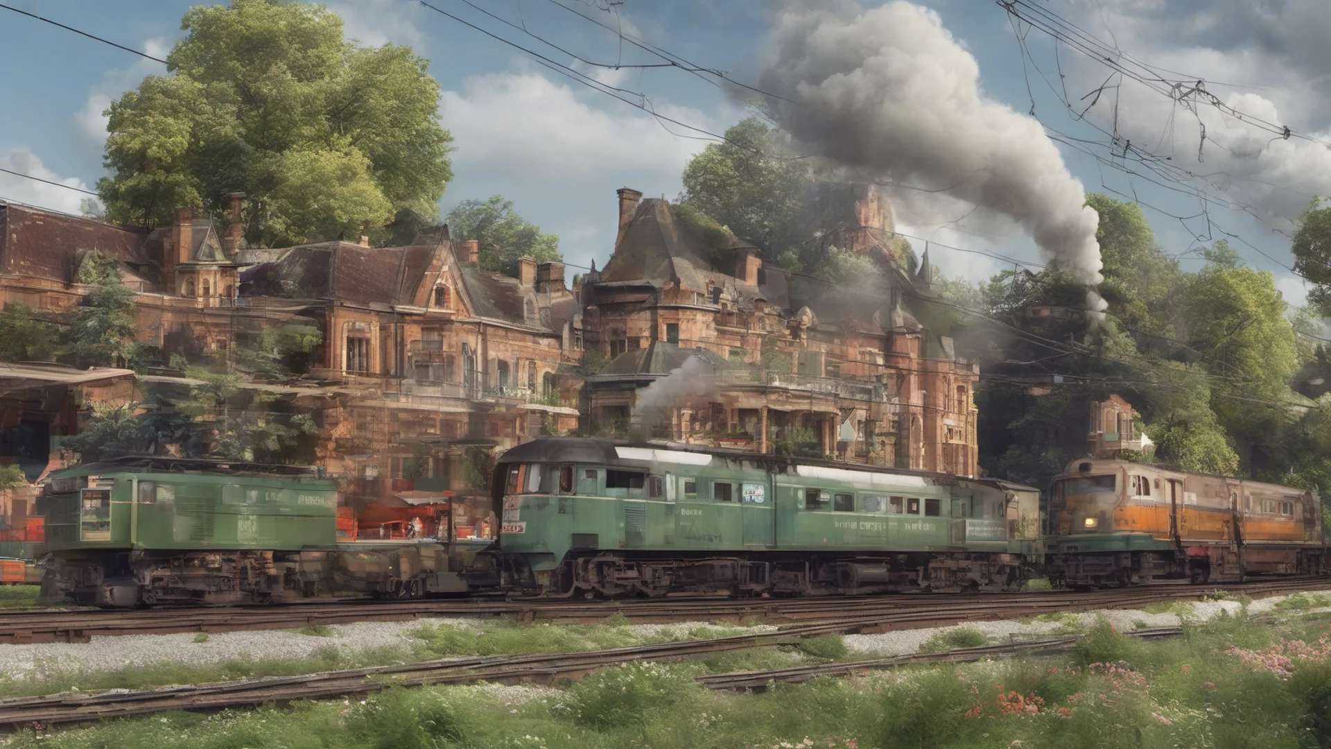 diesel trainarriving at dreamy train station confident engaging wow artstation art 3 wide