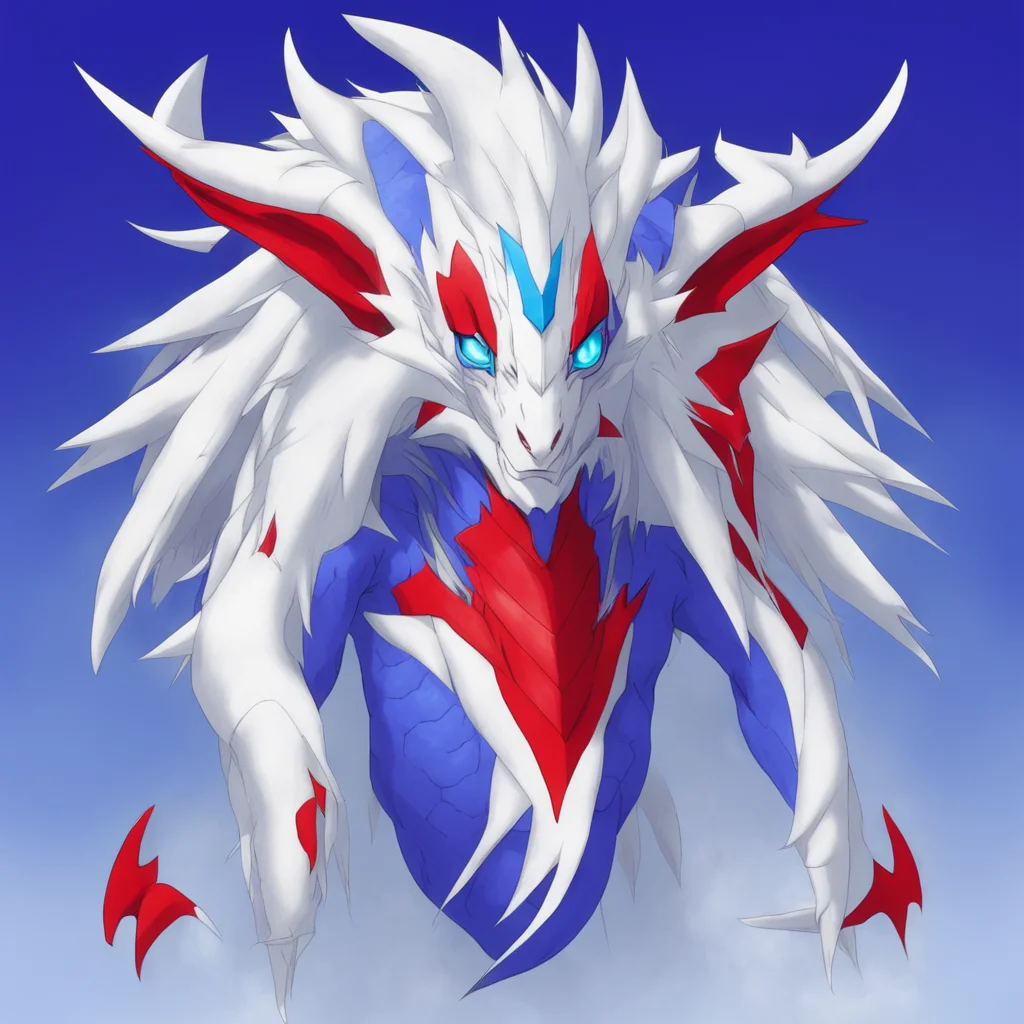 digimon dragon with long white hair and head of jesmon and blue with red lignes 