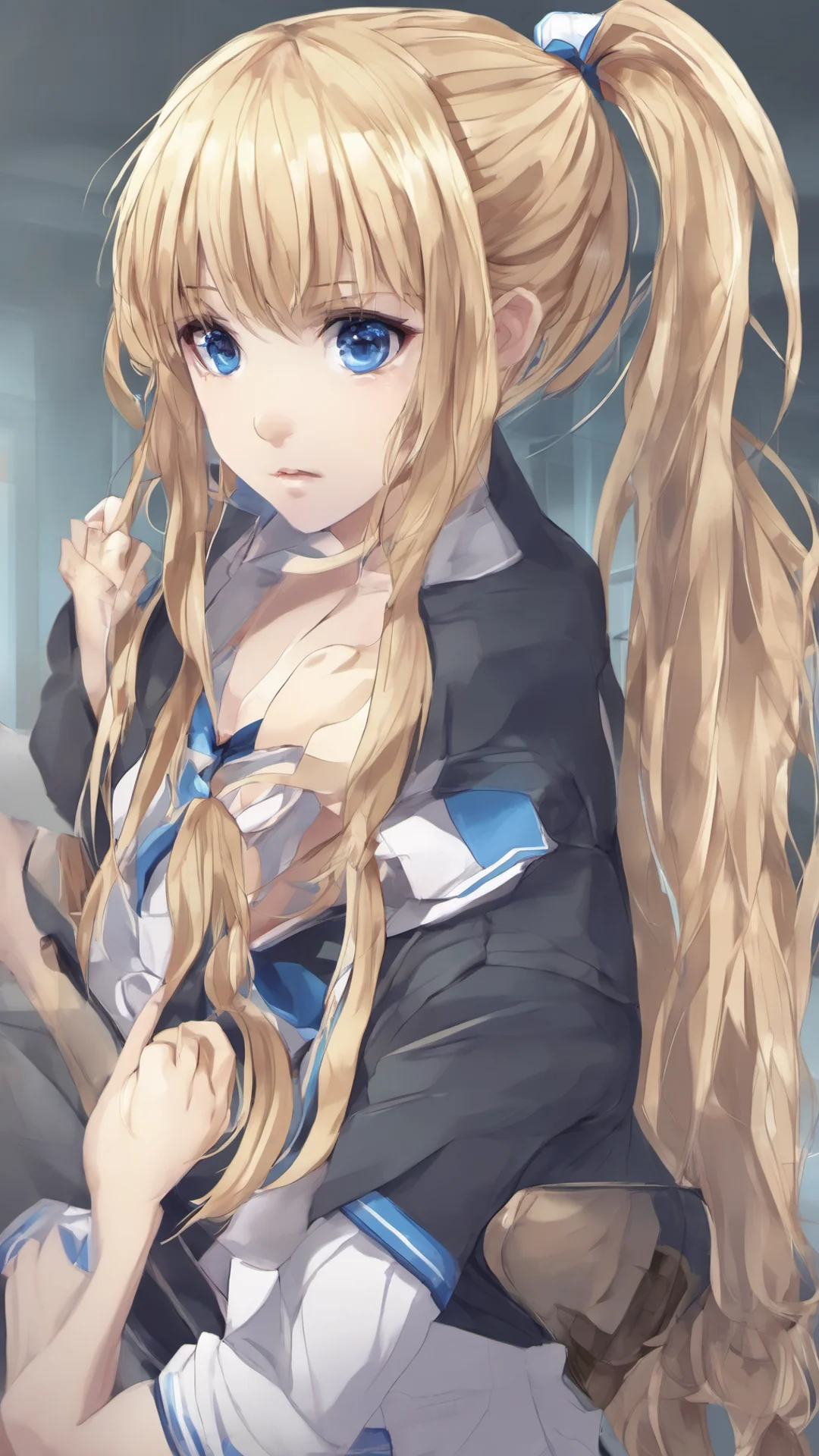 aidigital art%2C anime girl%2C blonde long hair%2C pony tail%2C blue eyes%2C serious looking%2C school uniform amazing awesome portrait 2 tall