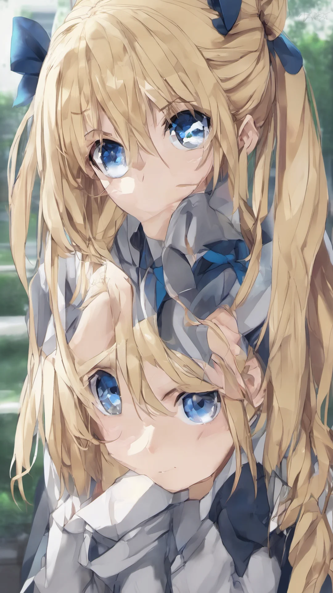 aidigital art%2C anime girl%2C blonde long hair%2C pony tail%2C blue eyes%2C serious looking%2C school uniform good looking trending fantastic 1 tall