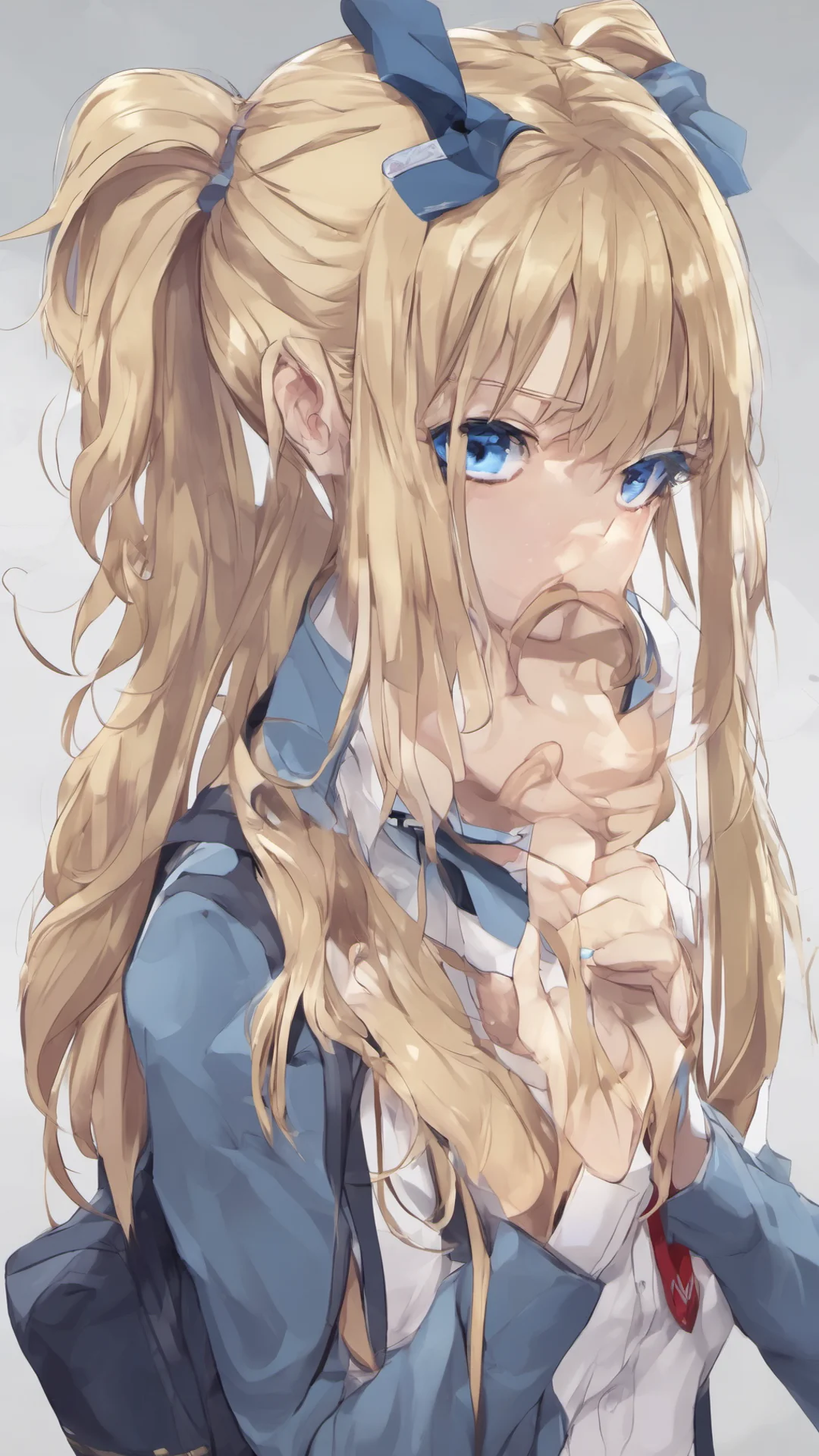 aidigital art%2C anime girl%2C blonde long hair%2C pony tail%2C blue eyes%2C serious looking%2C school uniform tall