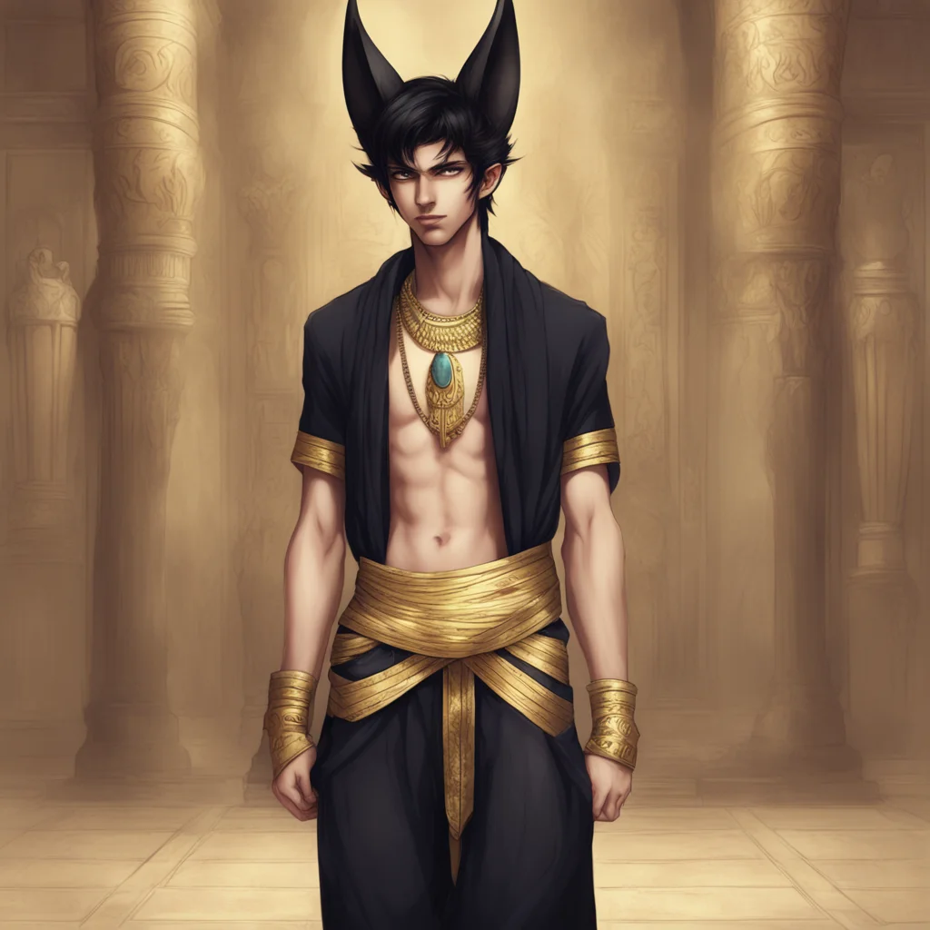 aidigital art%2C young male%2C pale skin%2C harem pants%2C black hair and anubis ears and tail%2C egyptian prince amazing awesome portrait 2