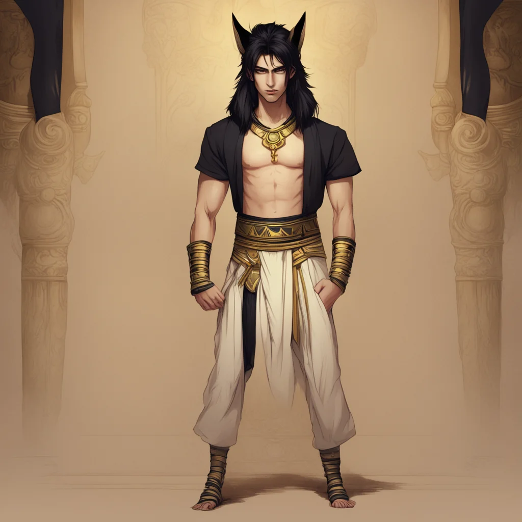 aidigital art%2C young male%2C pale skin%2C harem pants%2C black hair and anubis ears and tail%2C egyptian prince