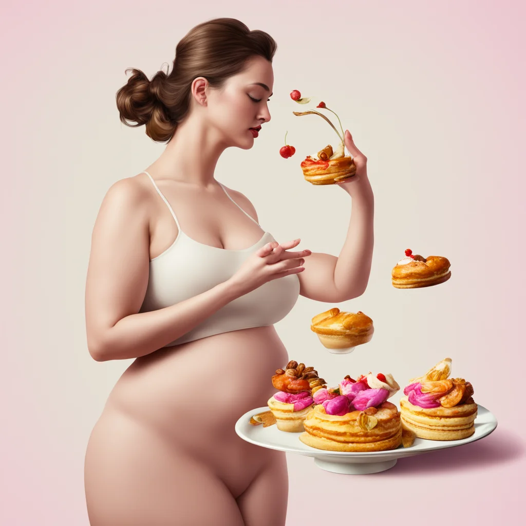 digital art woman with small pot belly being fed pastries