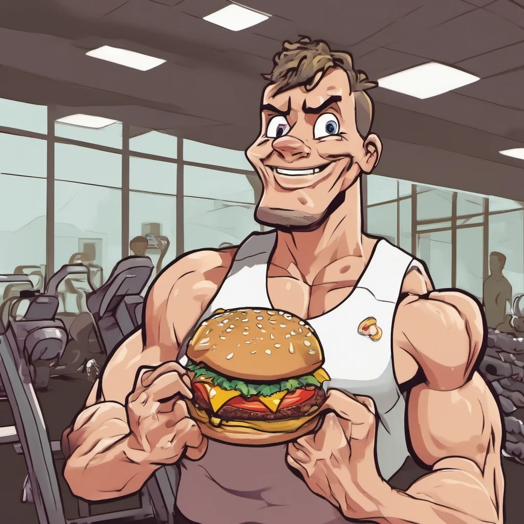 aidisney%2C a guy in the gym with a mcdonalds hamburger in his hands