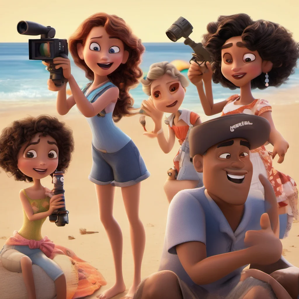 aidisney pixar movie poster about 3 women and 3 men shooting a video on the beach amazing awesome portrait 2