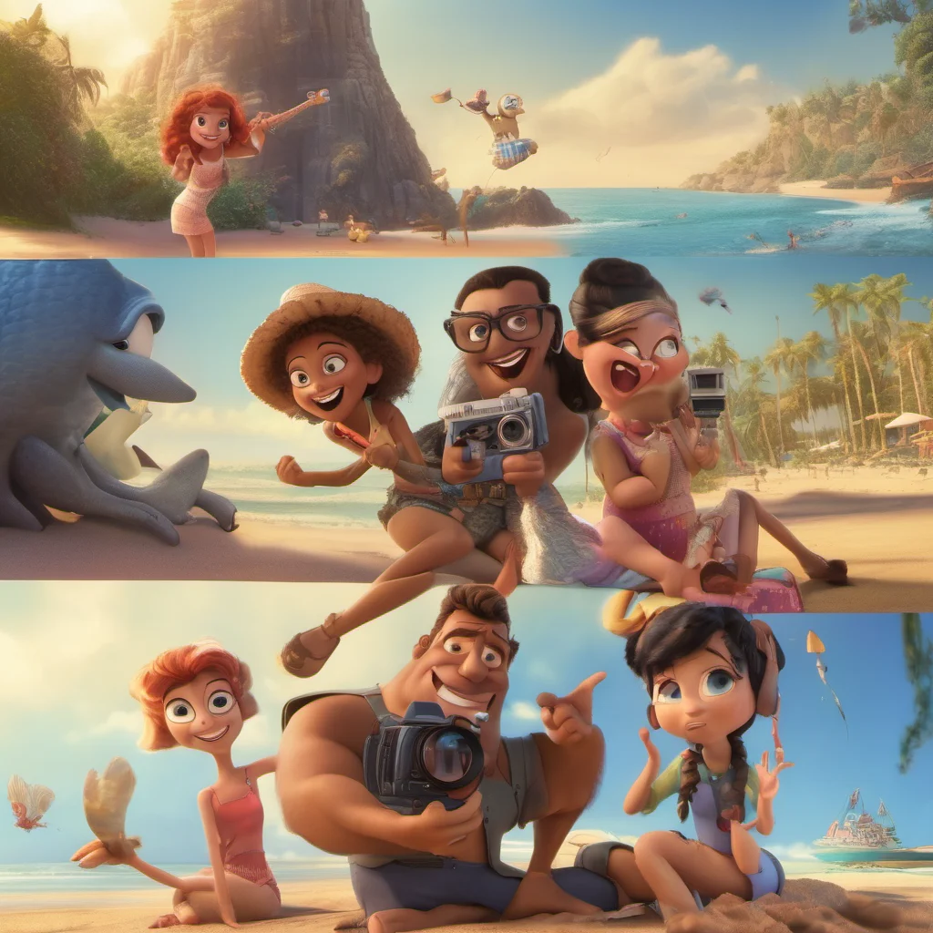 disney pixar movie poster about 3 women and 3 men shooting a video on the beach confident engaging wow artstation art 3