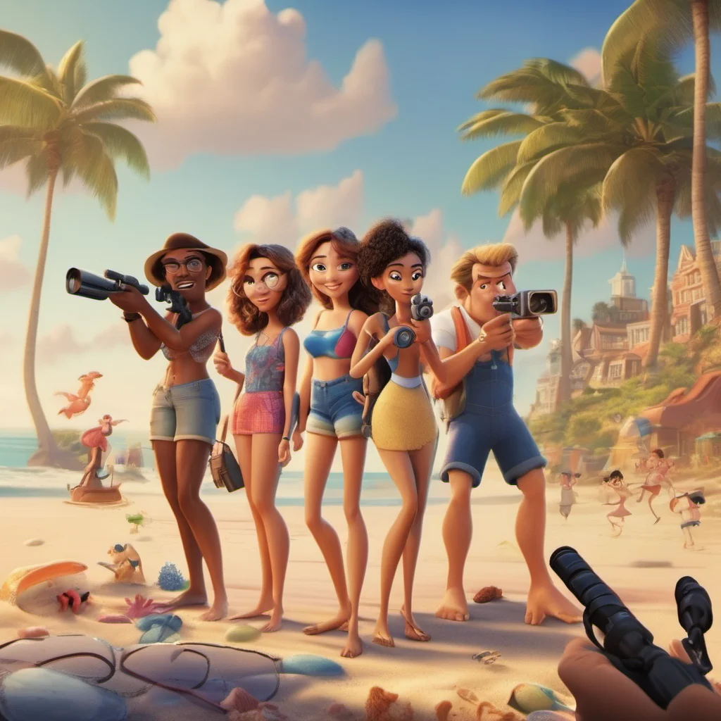 disney pixar movie poster about 3 women and 3 men shooting a video on the beach good looking trending fantastic 1