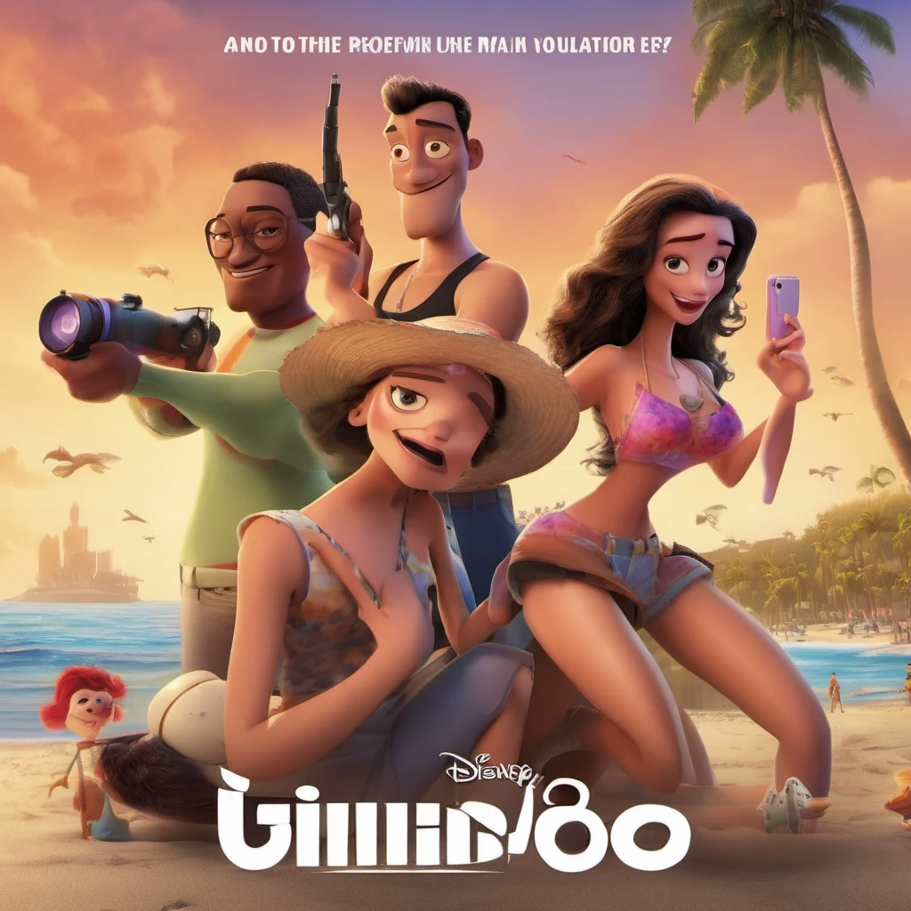 disney pixar movie poster about 3 women and 3 men shooting a video on the beach