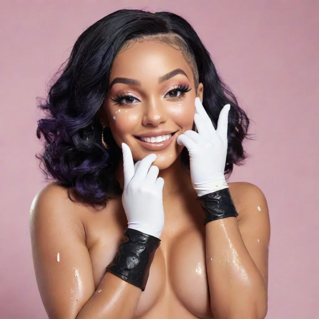 doja cat rapper smiling with black deluxe nitrile  gloves  and gun and mayonnaise splattered everywhere