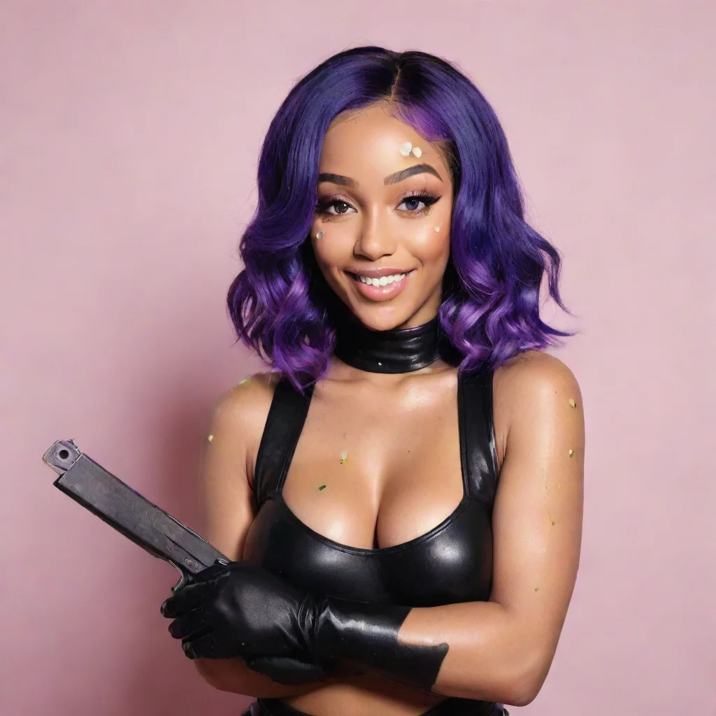 doja cat smiling with black deluxe nitrile  gloves  and gun and mayonnaise splattered everywhere