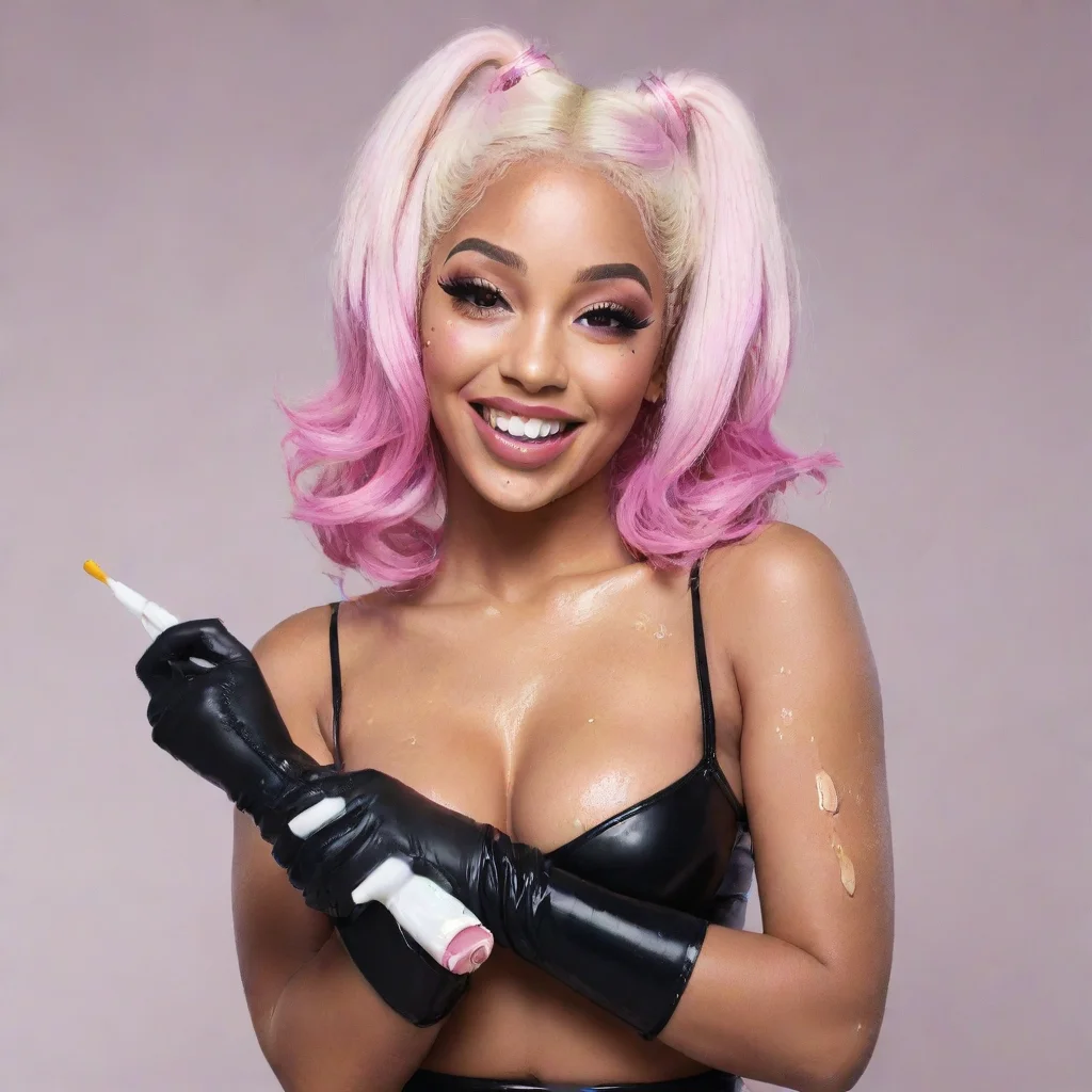 doja cat smiling with black deluxe nitrile  gloves and gun and mayonnaise splattered everywhere