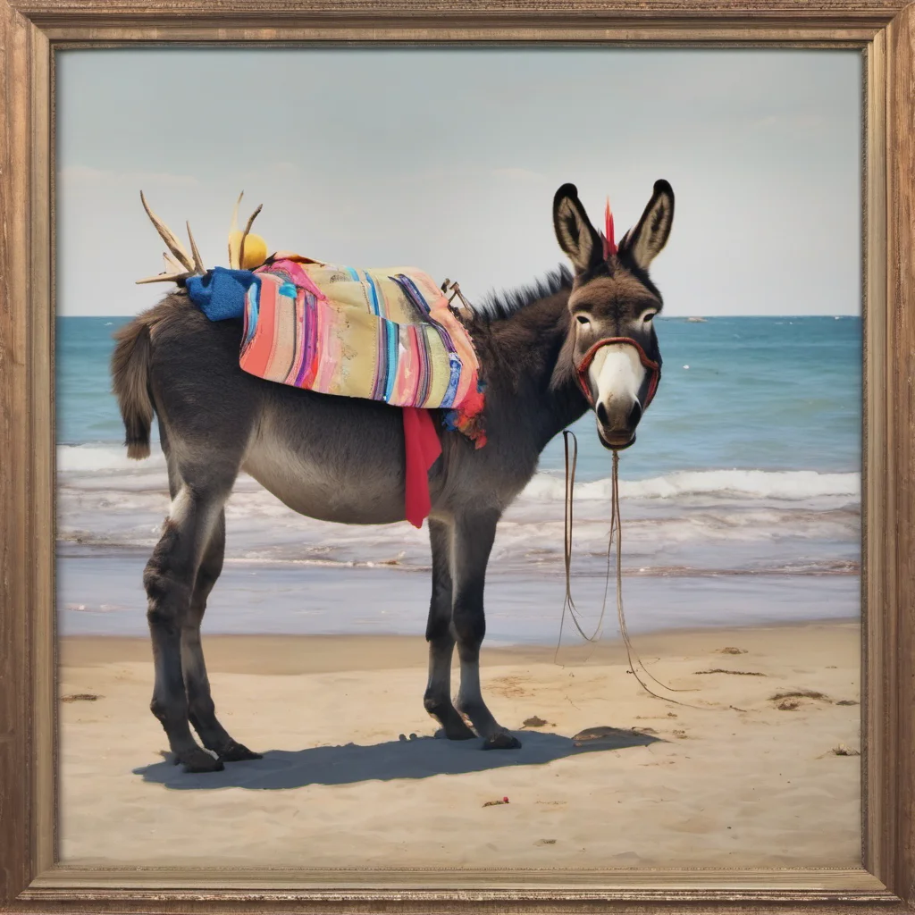 donkey on the beach in a hat