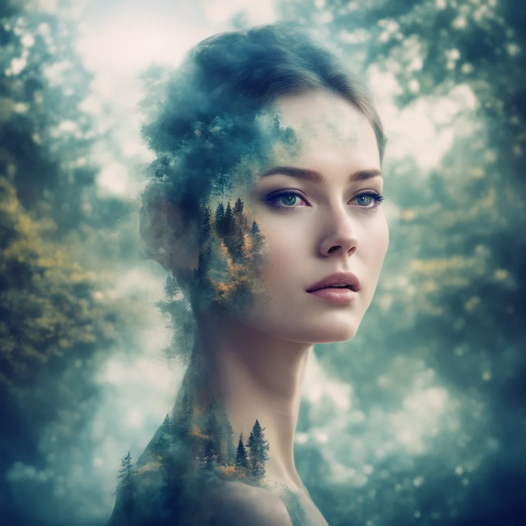 double exposure beautiful face with double exposed background fantasy environment epic surroundings idillic setting calm confident engaging wow artstation art 3