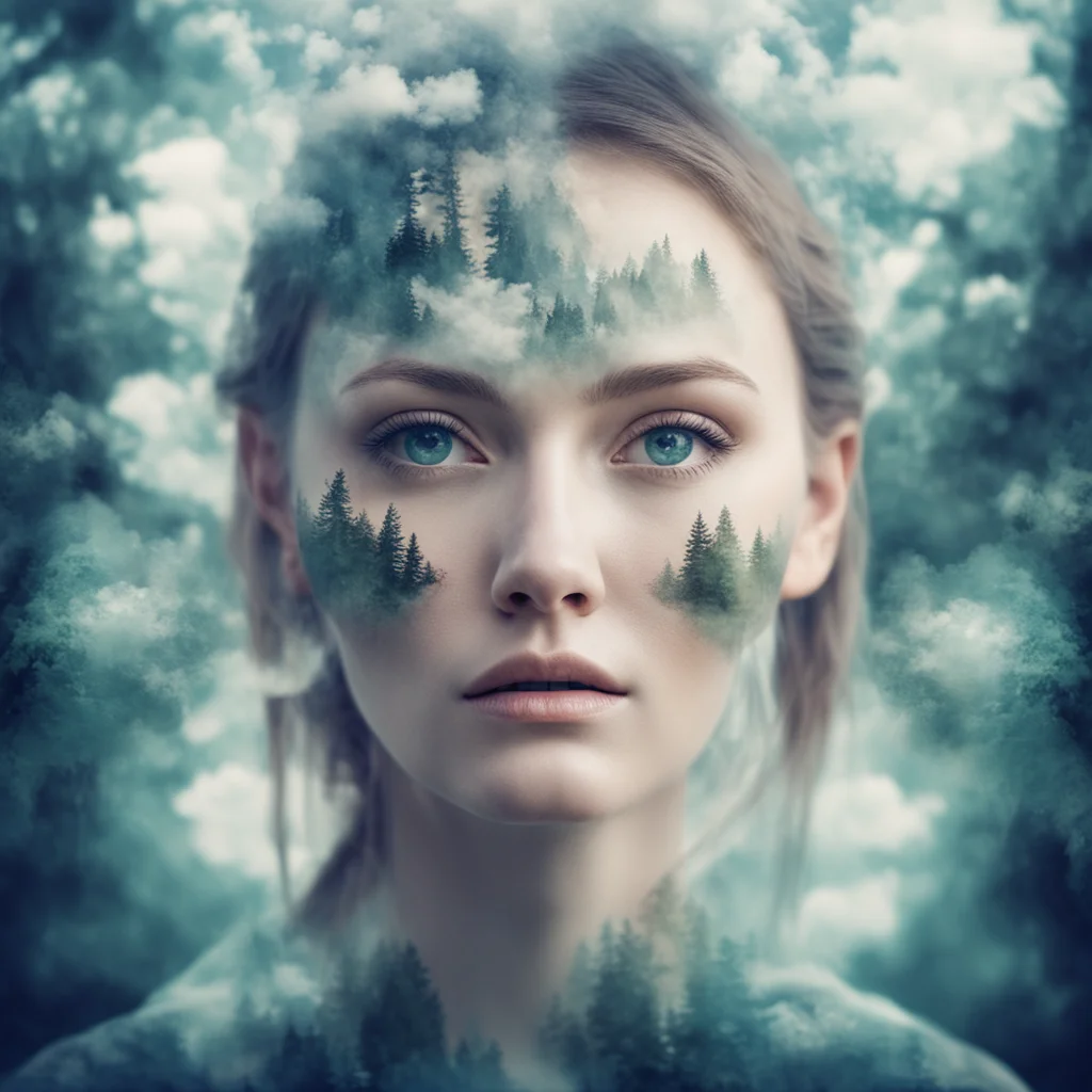 double exposure beautiful face with double exposed background fantasy environment epic surroundings idillic setting calm good looking trending fantastic 1
