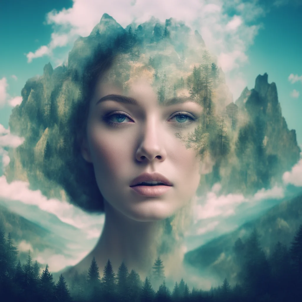 double exposure beautiful face with double exposed background fantasy environment epic surroundings idillic setting calm