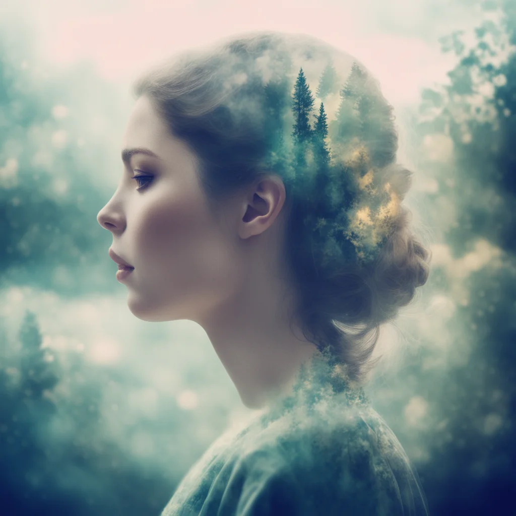 aidouble exposure double exposure portrait beautiful side profile face with double exposed background fantasy environment epic surroundings idillic setting calm