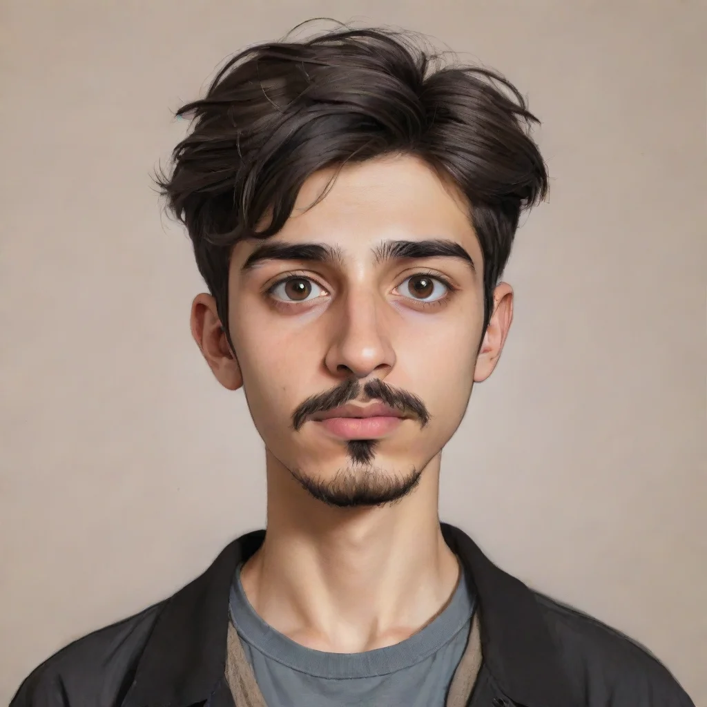 aidraw a 20 year old boy with a mustache and goatee who is suffering from depression. he is an iranian and his eyes are dark brown.