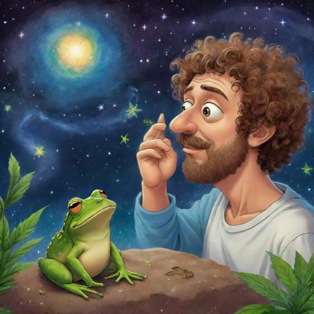 draw a cartoon picture of a curly haired greek philosopher talking to a frog with marijuana leaves and galaxies in the background 