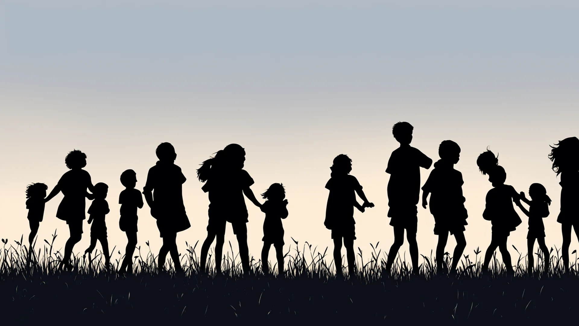 aidraw a silhouette of a group of boys and girls playing in a field%2C with an aspect ratio of 16%3A9 wide