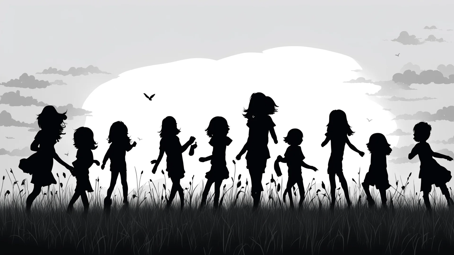 draw a silhouette of a group of boys and girls playing in a field amazing awesome portrait 2 wide