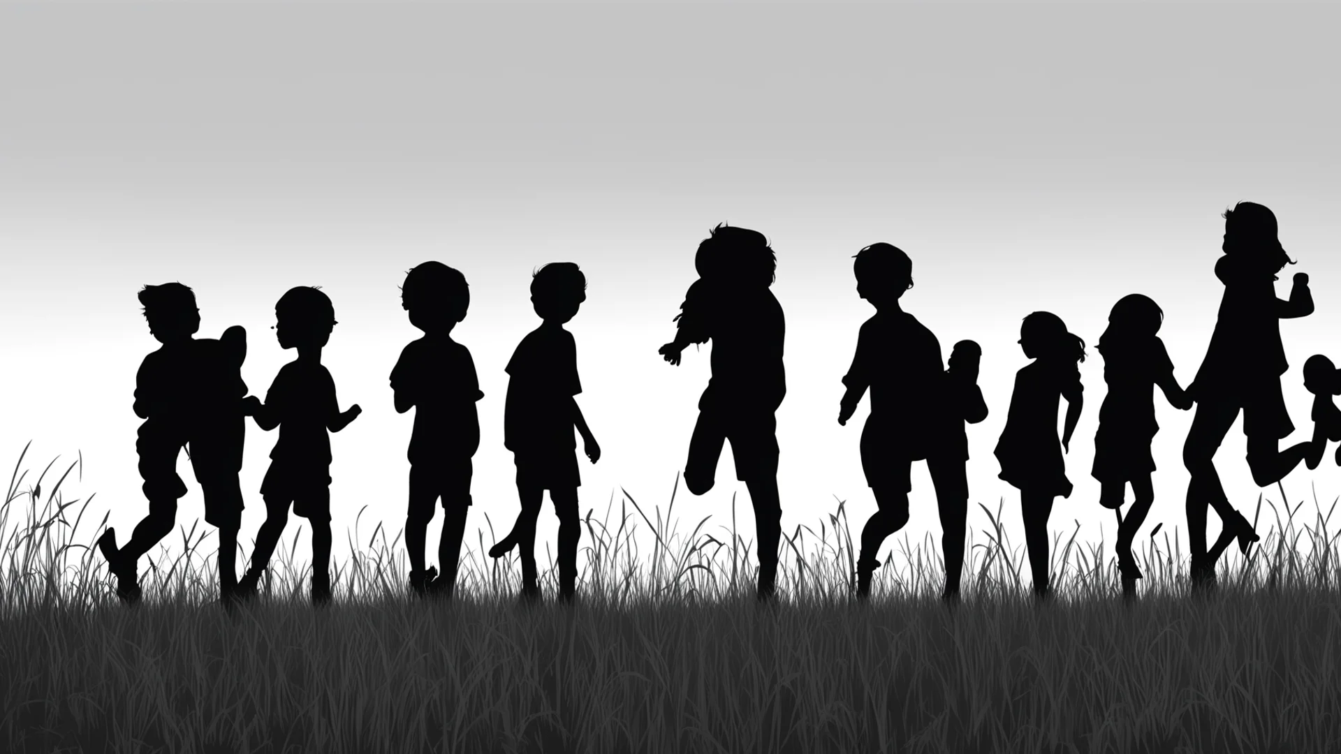 draw a silhouette of a group of boys and girls playing in a field confident engaging wow artstation art 3 wide