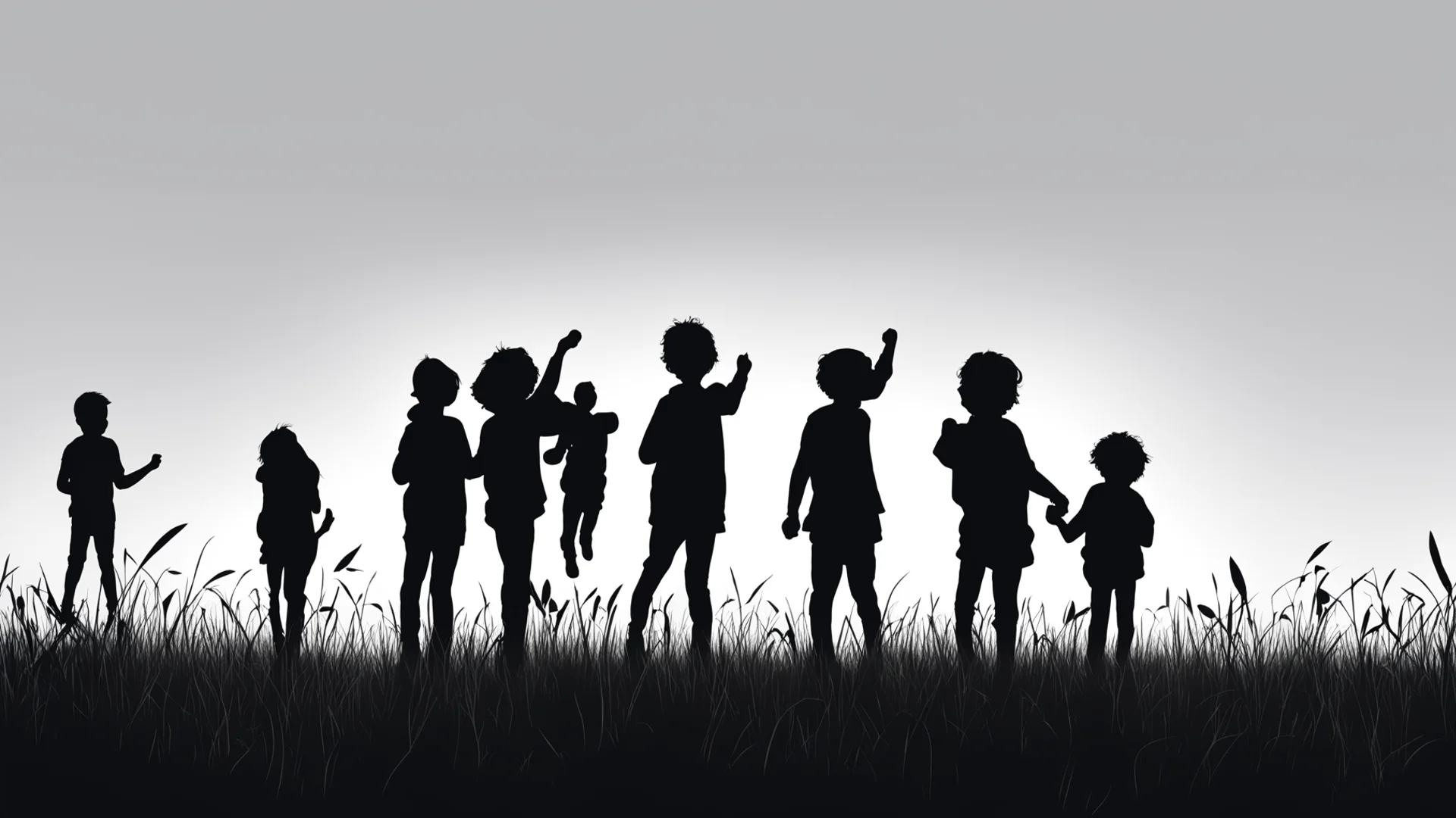 draw a silhouette of a group of boys and girls playing in a field wide