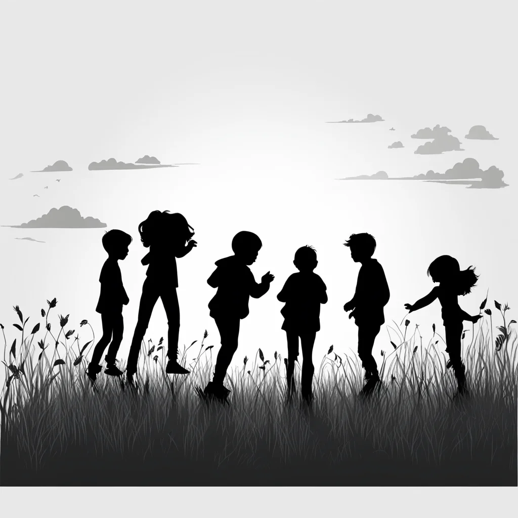 draw a silhouette of a small group of boys and girls playing in a field amazing awesome portrait 2