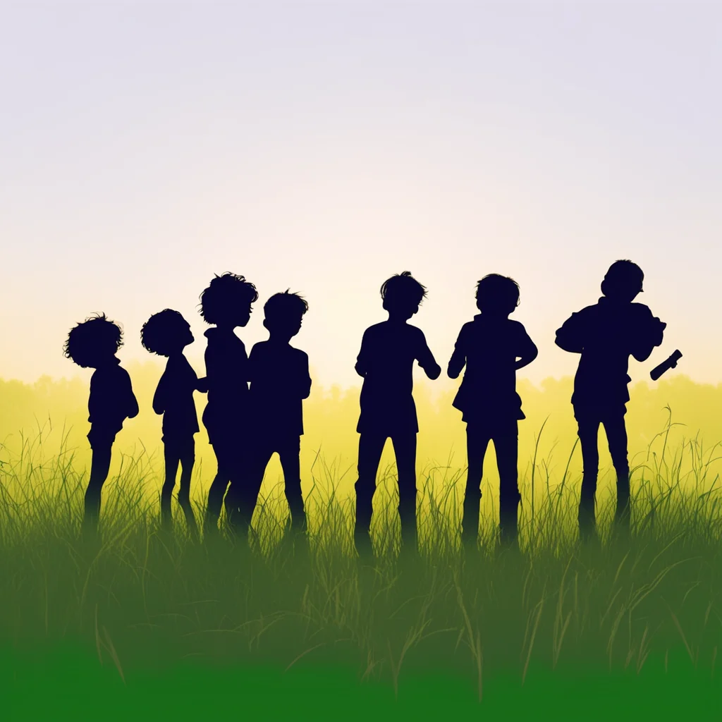 draw a silhouette of a small group of boys and girls playing in a field