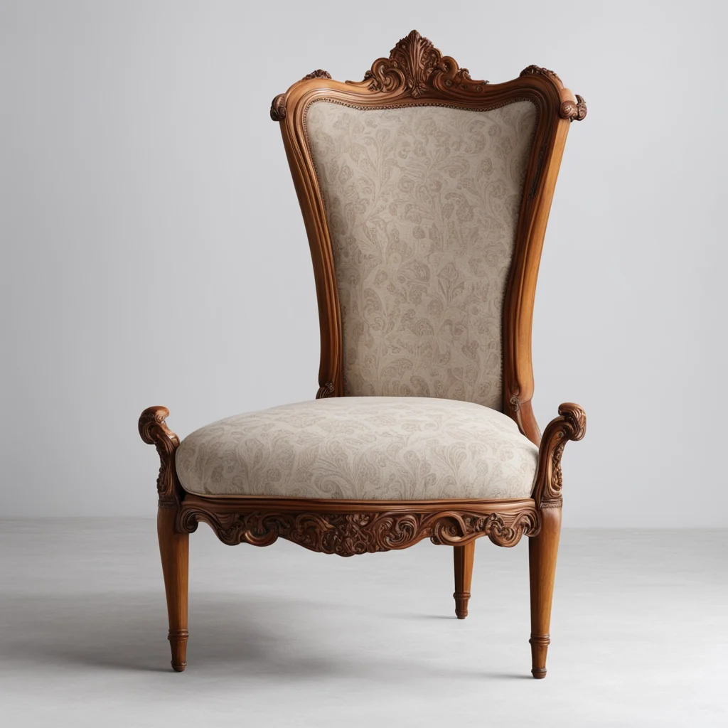 aidraw a small armchair with arms  french style . backrest with mesh and a beautiful carving on the upper part of the backrest. light mahogany wood.