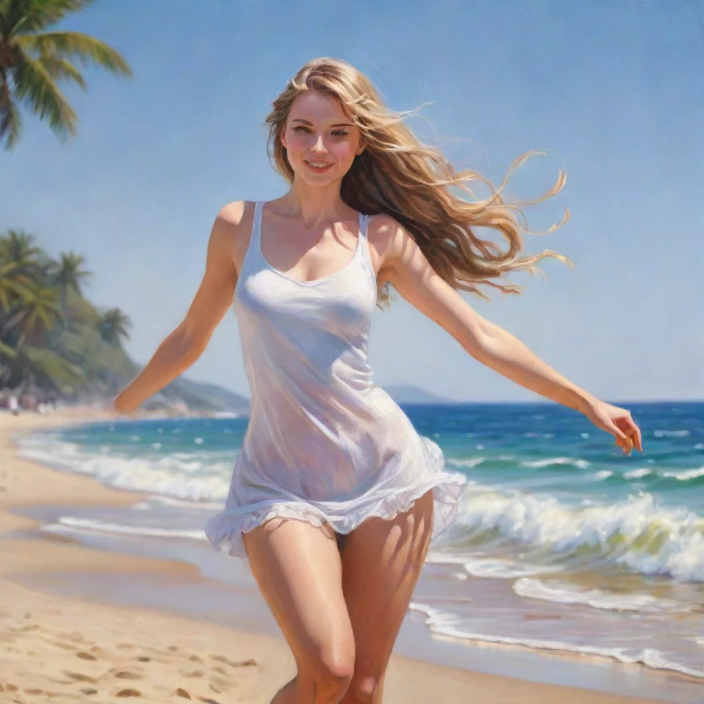 aidraw a white girl in her twenties dancing on the beach in the summer%2C with deep details and superior quality