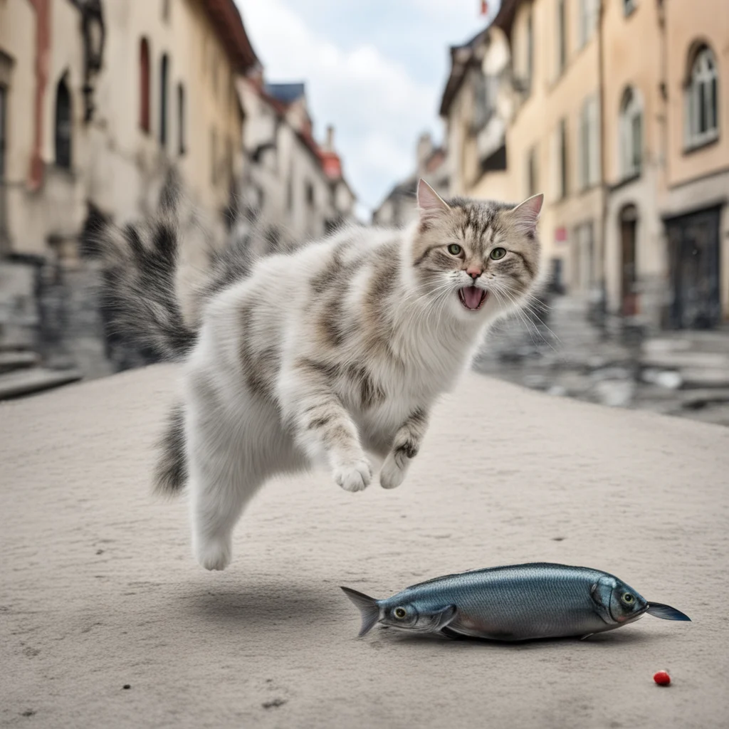aidraw cat with live fish running out from czech people