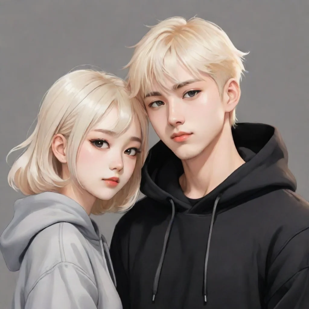 aidraw me a korean guy with blond hair%2C wearing a black hoddie and patting a korean girl with short wolf cut hair and is blushing korean manhwa art style 