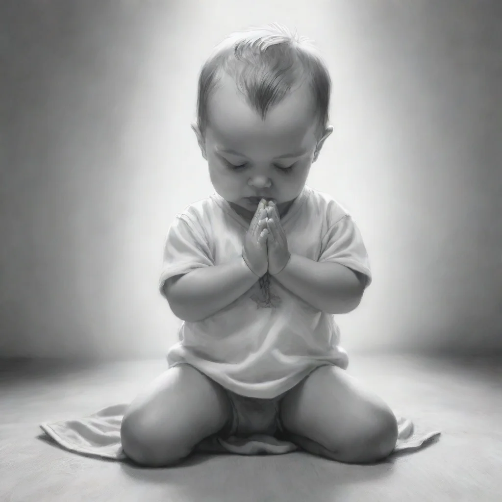 drawing of a baby boy kneeling and praying in black and white
