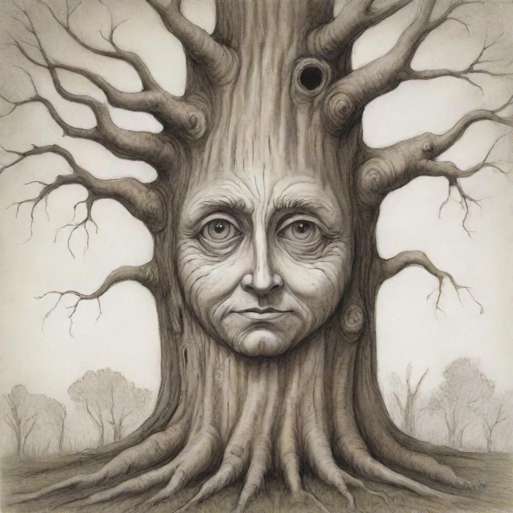 drawing of whimsical old tree with a face