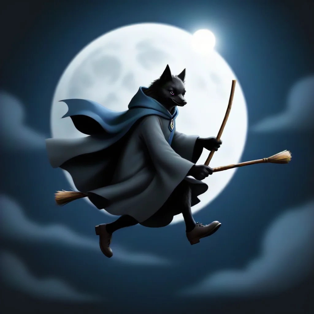 drawn pop of harry potter riding a broom while holding his wand. the background is blue. their is a small full white moon in the background and 2 black ravens. he is wearing a black
