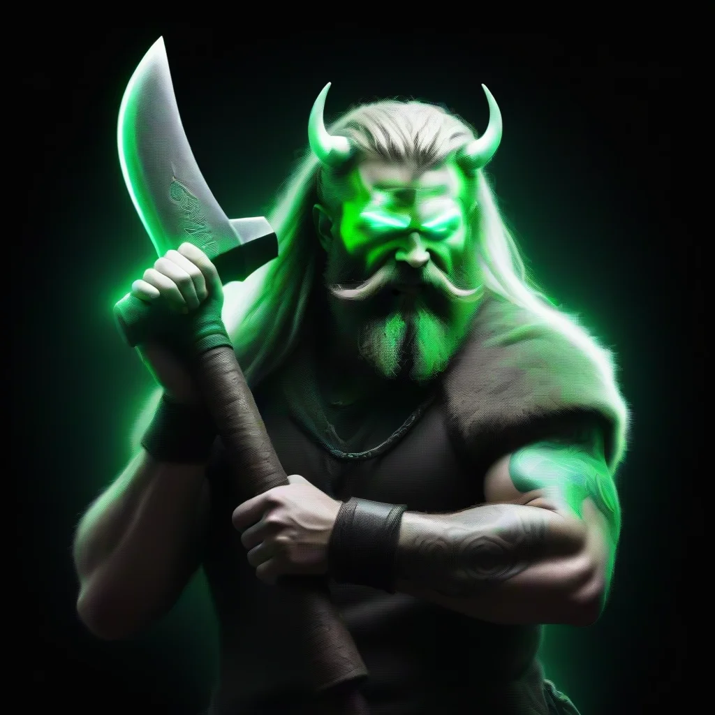 dreadlocked  bearded glowing neon green tattooed cyberpunk viking berserk with big axe