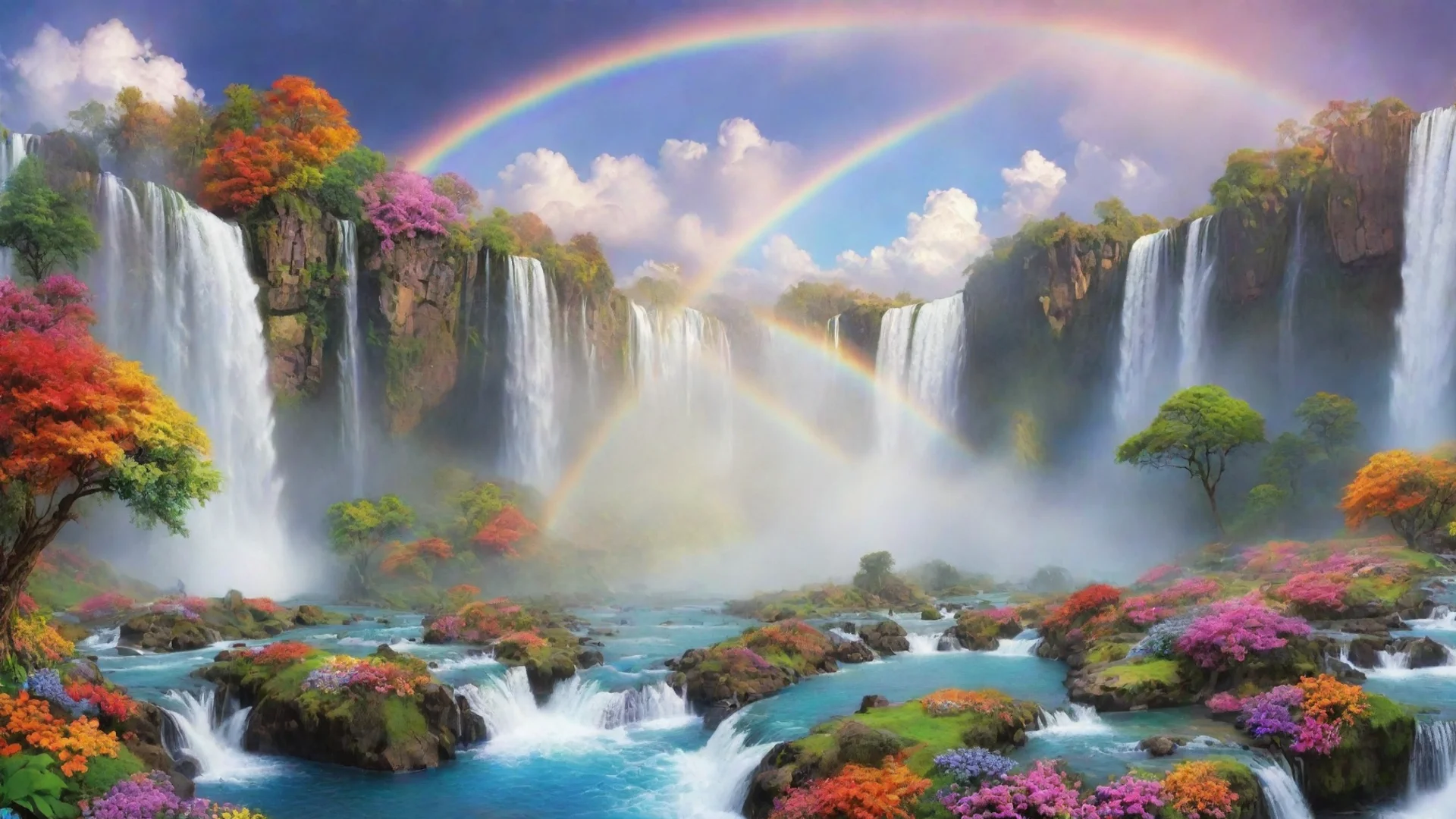 dreamy colorful landscape alian world amazing beautiful utopian colors flowers waterfalls rainbows clouds wide