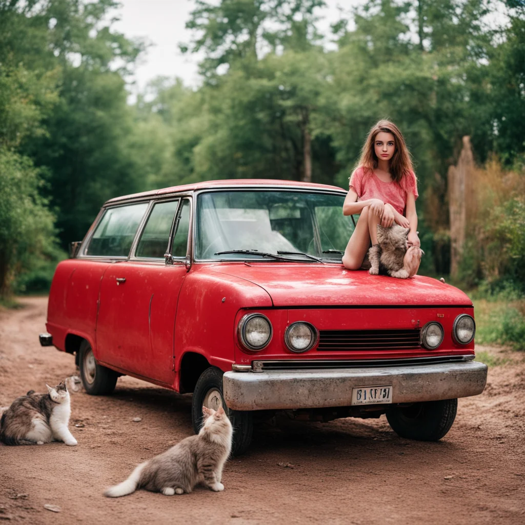 dreamy messy girl posing with her old red toyota van and her cats amazing awesome portrait 2
