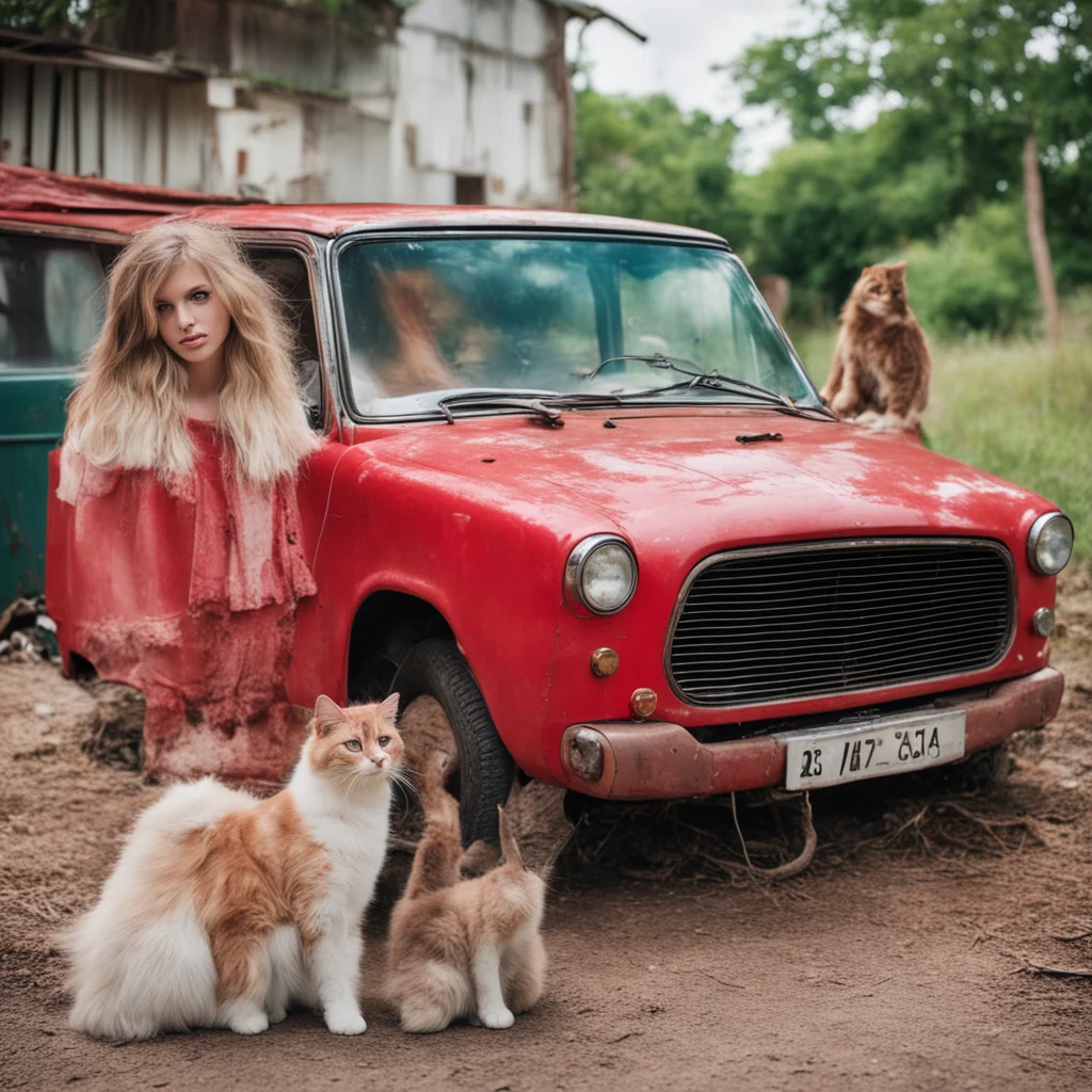 dreamy messy girl posing with her old red toyota van and her cats confident engaging wow artstation art 3