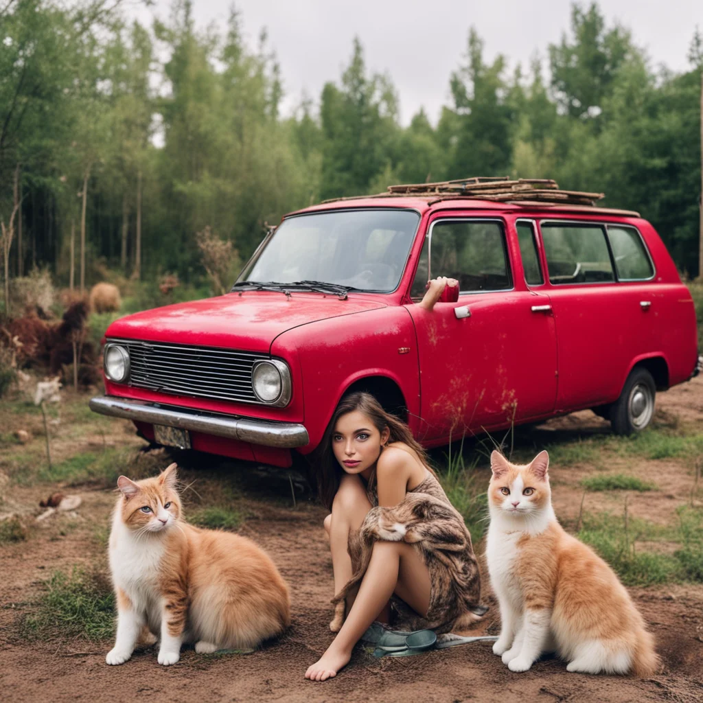 aidreamy messy girl posing with her old red toyota van and her cats good looking trending fantastic 1