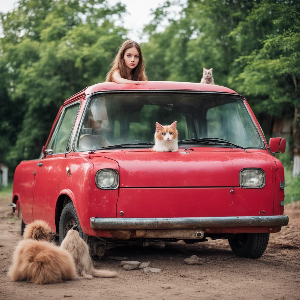dreamy messy girl posing with her old red toyota van and her cats