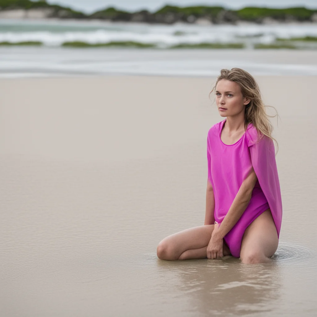 aidromerige frans meisje poseert uitdagend op een verlaten mistig strandje confident engaging wow artstation art 3